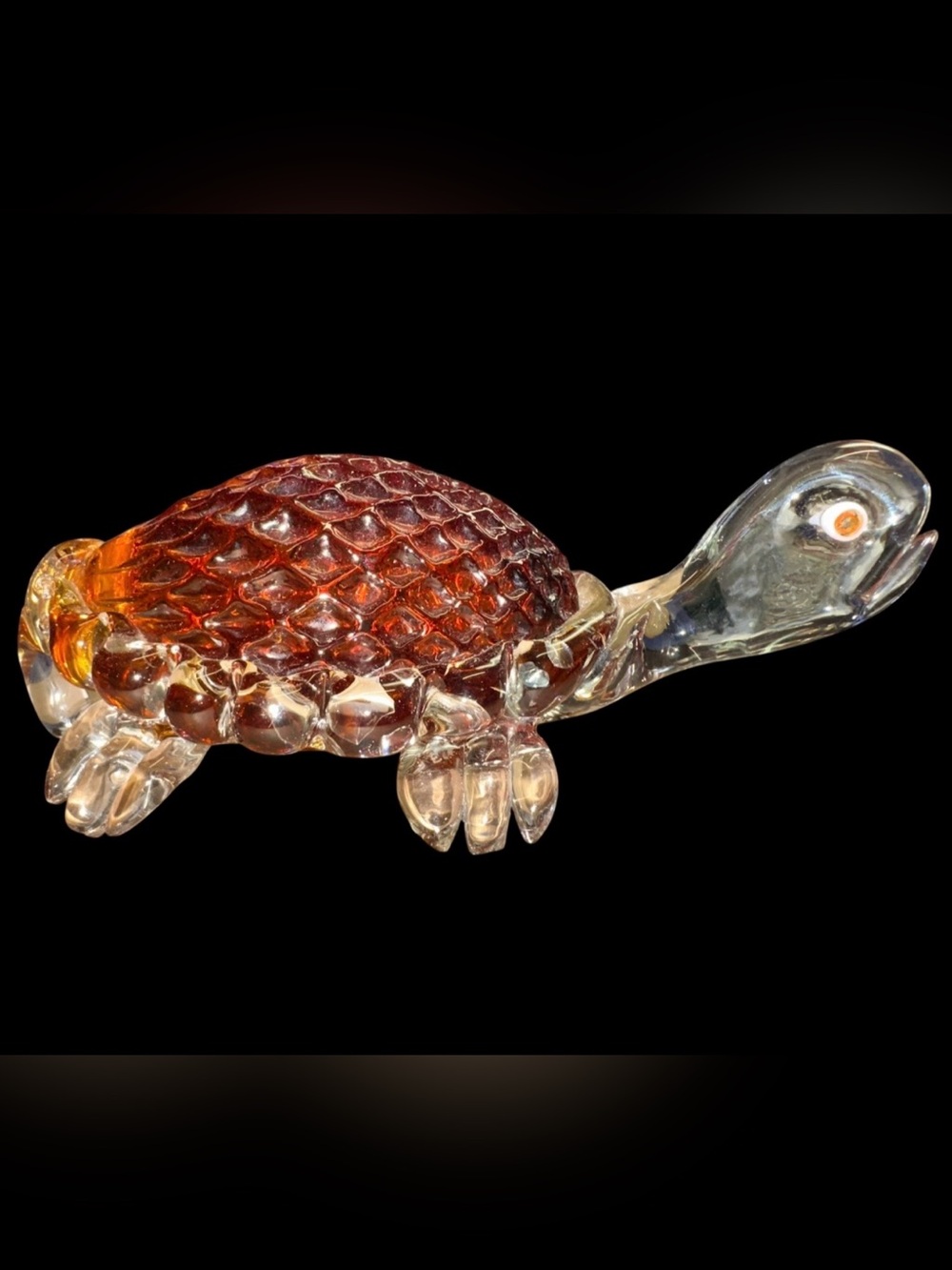 Vintage Hand Blown Amber Art Glass Yellow Turtle Tortoise UV Reactive